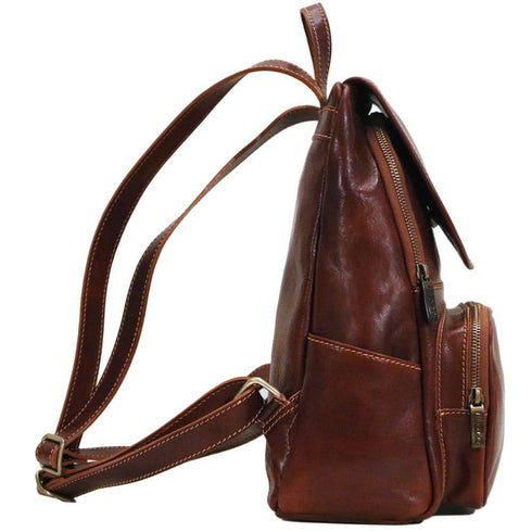 The Floto Livorno leather backpack is a wommen's fashion pack that is handcrafted in Italy. This is the Livorno Backpack in Vecchio Brown. Side view.